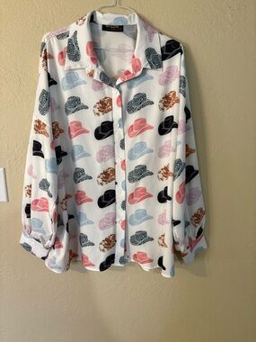Nylon Life Western Hat Print Button-Up Blouse in White with Multi-Color Hats